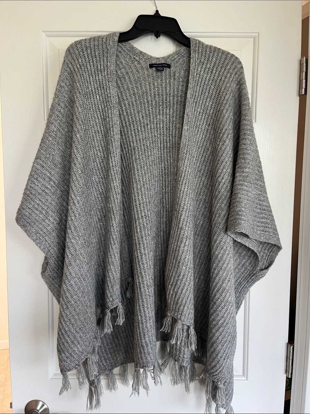 American Eagle Gray Knit Fringe Poncho Cardigan Sweater